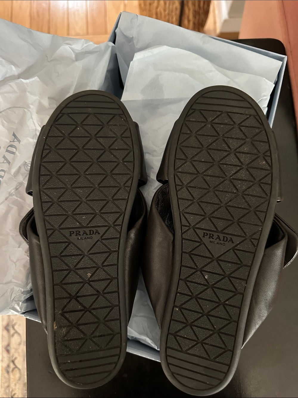 Prada Black Napa Leather Crisscross Logo Slide Sandals - Size 37 (6.5, 7) - Picture 11 of 11